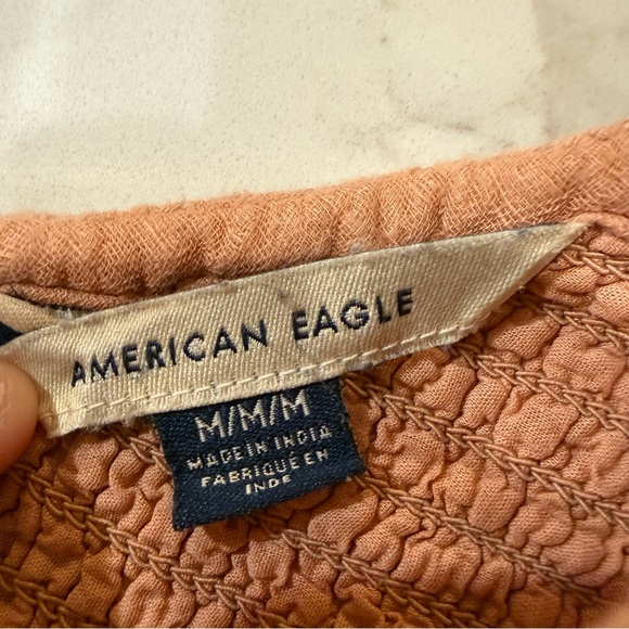 American Eagle Smocked Bodice Gauze Mini Dress Women’s Medium Clay Brown Boho - Picture 7 of 9